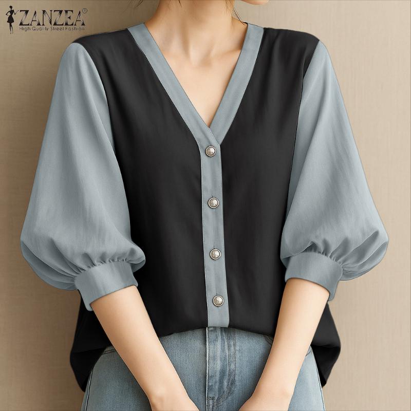 

ZANZEA Women Summer V-Neck Loose 3/4 Sleeve Casual Blouse 5XL чёрный