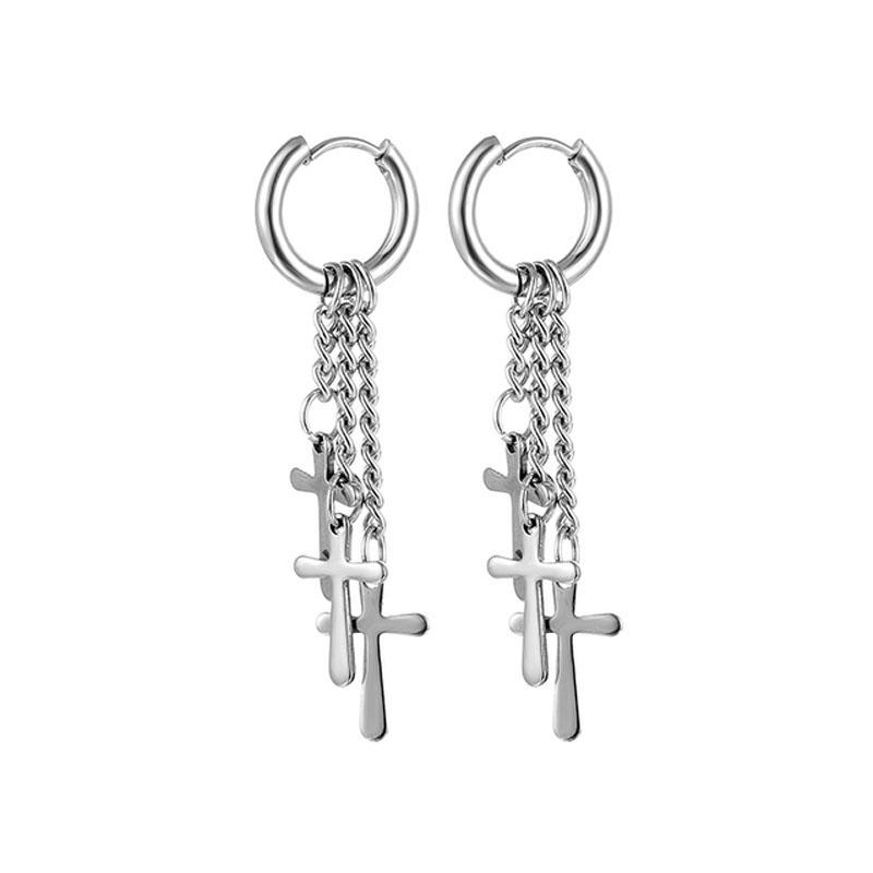 WKOUD 1 Paire Boucles d'Oreilles en Acier Inoxydable Pour Homme/Femme Pendentif Plume Croix Longue Gland Unisexe Créole Punk Gothique Piercing Zircon