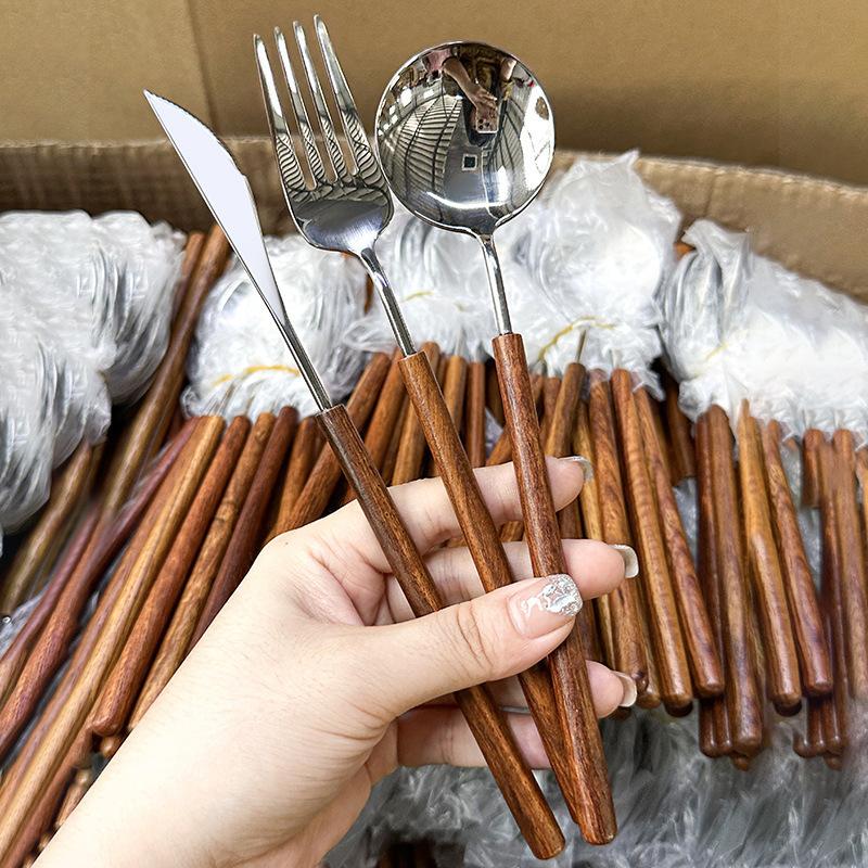 304 stainless steel rosewood handle knife, fork and spoon Japanese wooden handle knife, fork and spoon Western restaurant steak knife, fork and spoon