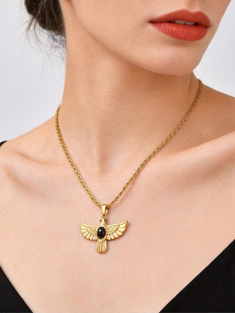 Retro Punk Egyptian Eagle Necklace Women Stainless Steel Black Onyx Stone Horus Falcon Pendant Vintage Hip Hop Jewelry