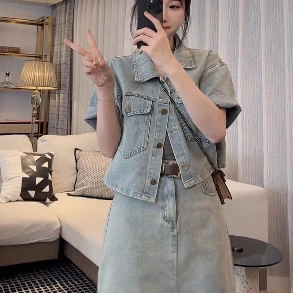 Summer 2026 Korean Style Women's Denim Jacket & High-Waisted Skirt Set