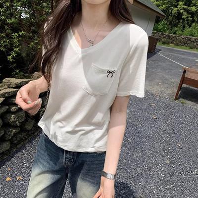 Casual Loose V-neck Exposed Collarbone Short-sleeved T-shirt Women's Summer New Sweet Age-reducing Embroidered Bow Versatile Top