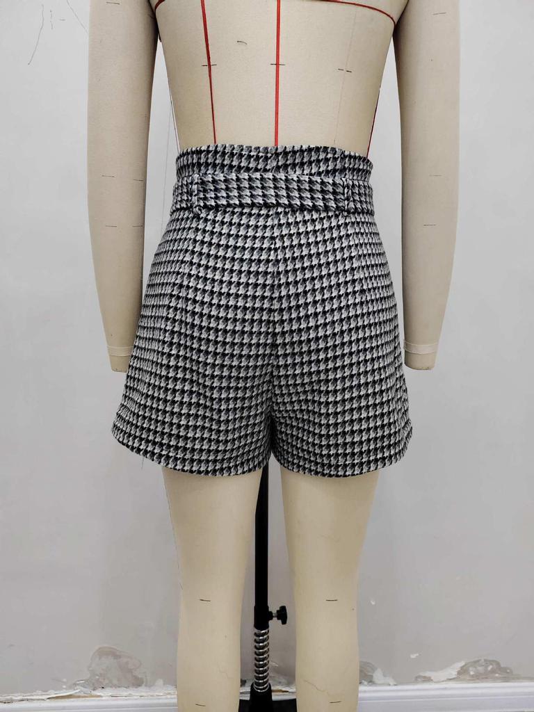 European & American Houndstooth High-Waist Belted Slimming Women's Autumn/Winter Shorts