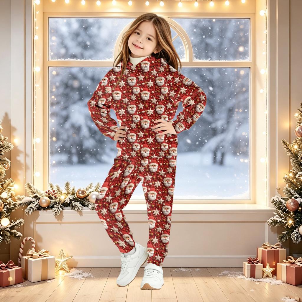 Kids Christmas Print Hoodie Set - Children's Hooded Pullover Top for Boys and Girls