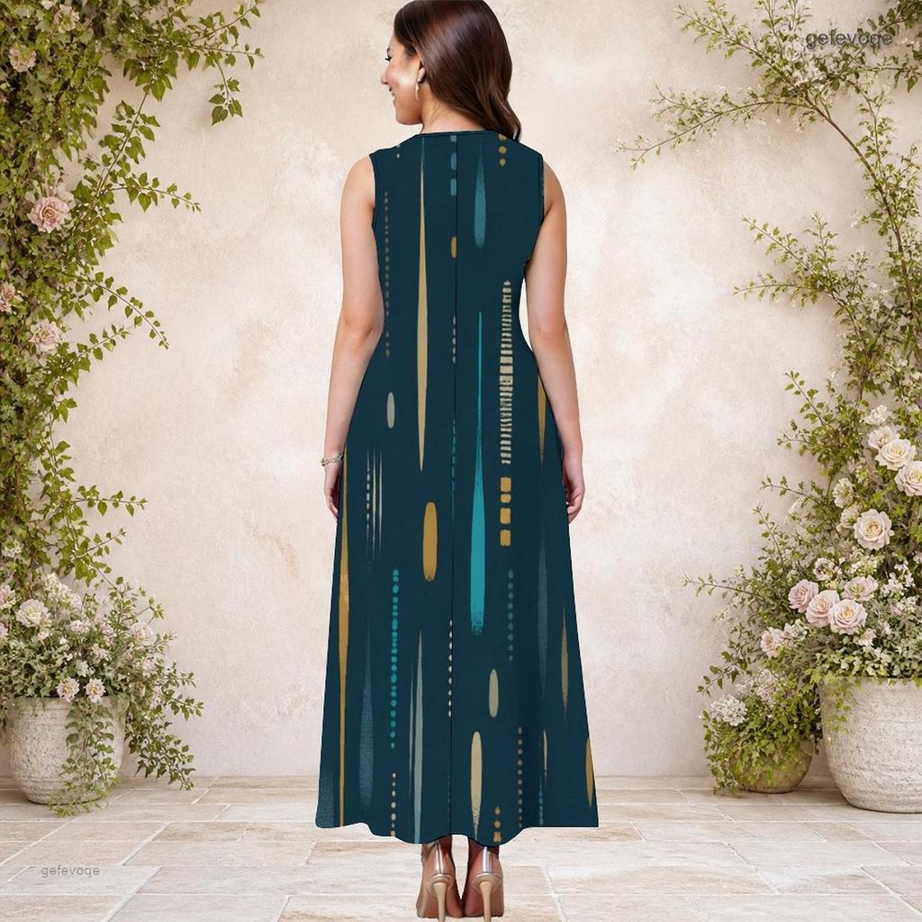 Women Plus Size Round Neck Sleeveless Printed A Line Long Dress With Side Pockets