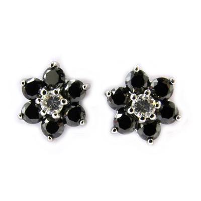 [M1743] - Black 'Crystal Flowers' Silver Earrings