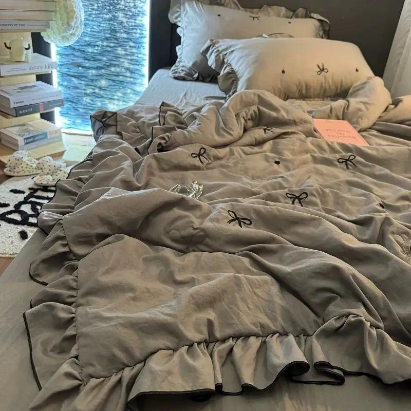 Korean Style Summer Cool Quilt Girl Lace Embroidered Bow Washed Cotton Simple Air Conditioning Quilt 1 pcs Hot Sale