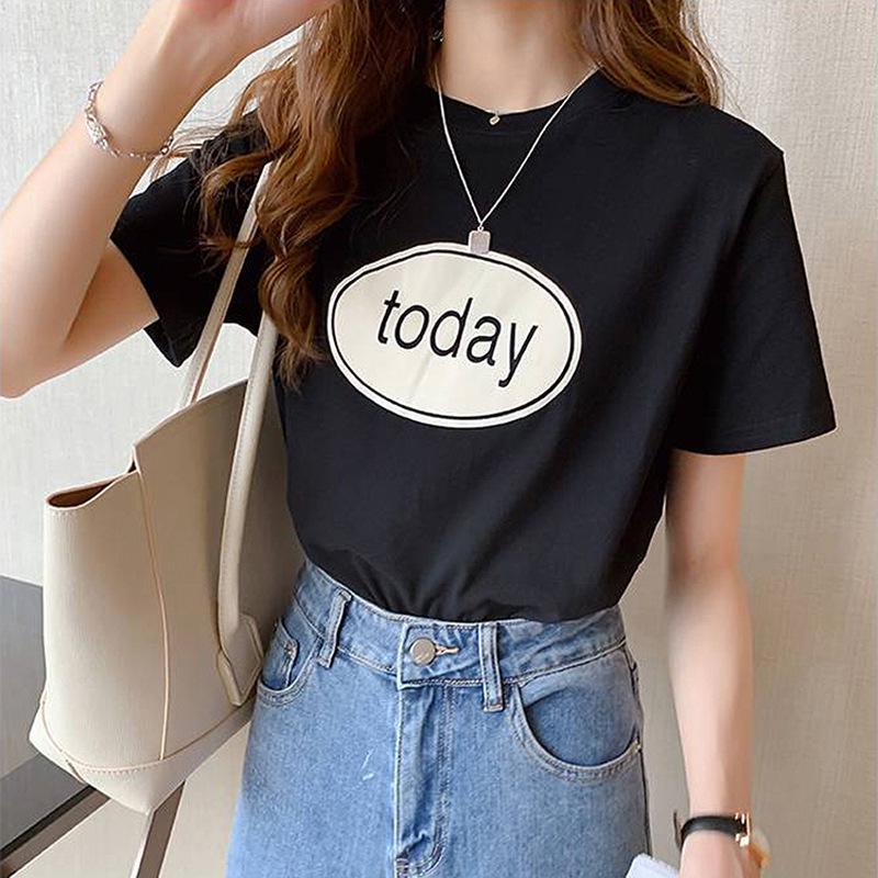 

Women s Trendy 2024 Korean Style Short Sleeve Letter Print T-shirt M чёрный