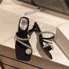 Women's Mid Heel Square Toe Sandals Diamond Decorated Outerwear Slip-On Shoes Korean Style Sandalias De Mujer Size35 40