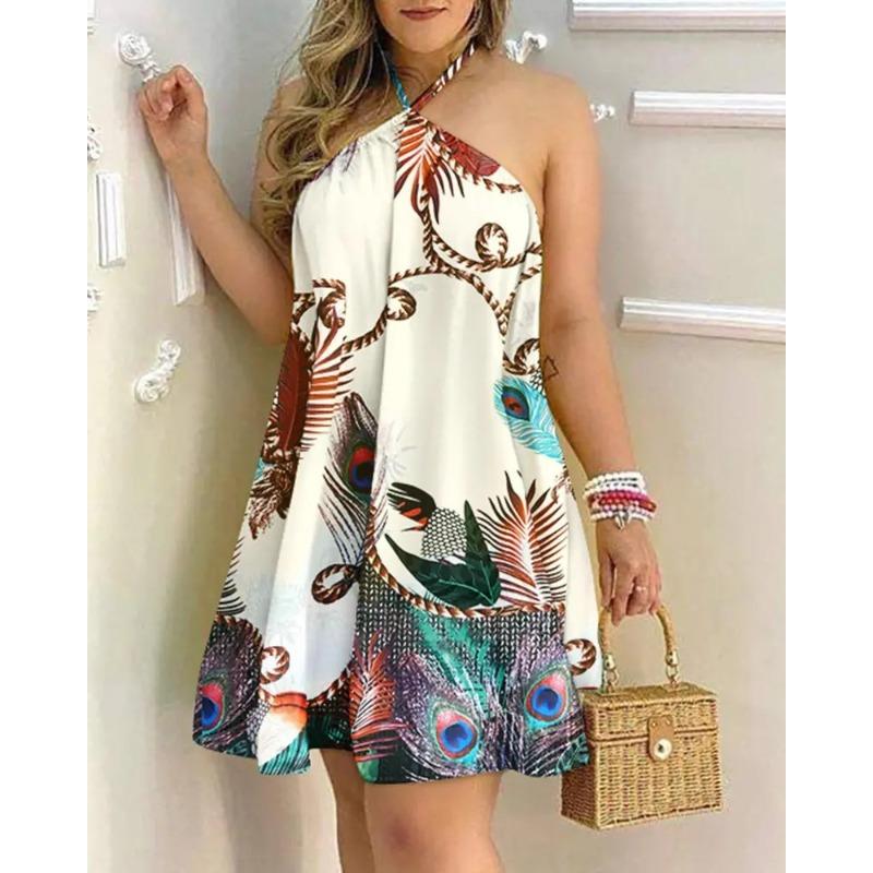 Women's Tropical Print Halter Tie Neck Sleeveless Loose A‑Line Mini Dress Summer Casual Beach Dress