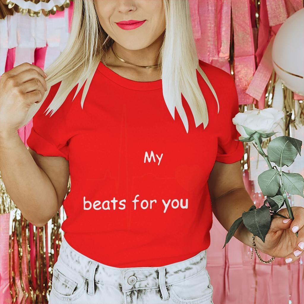 Couple Heart Beats for You Print T Shirt Causal Women Man Vintage Couples Matching Tshirt Short Sleeve Valentines Day Tees