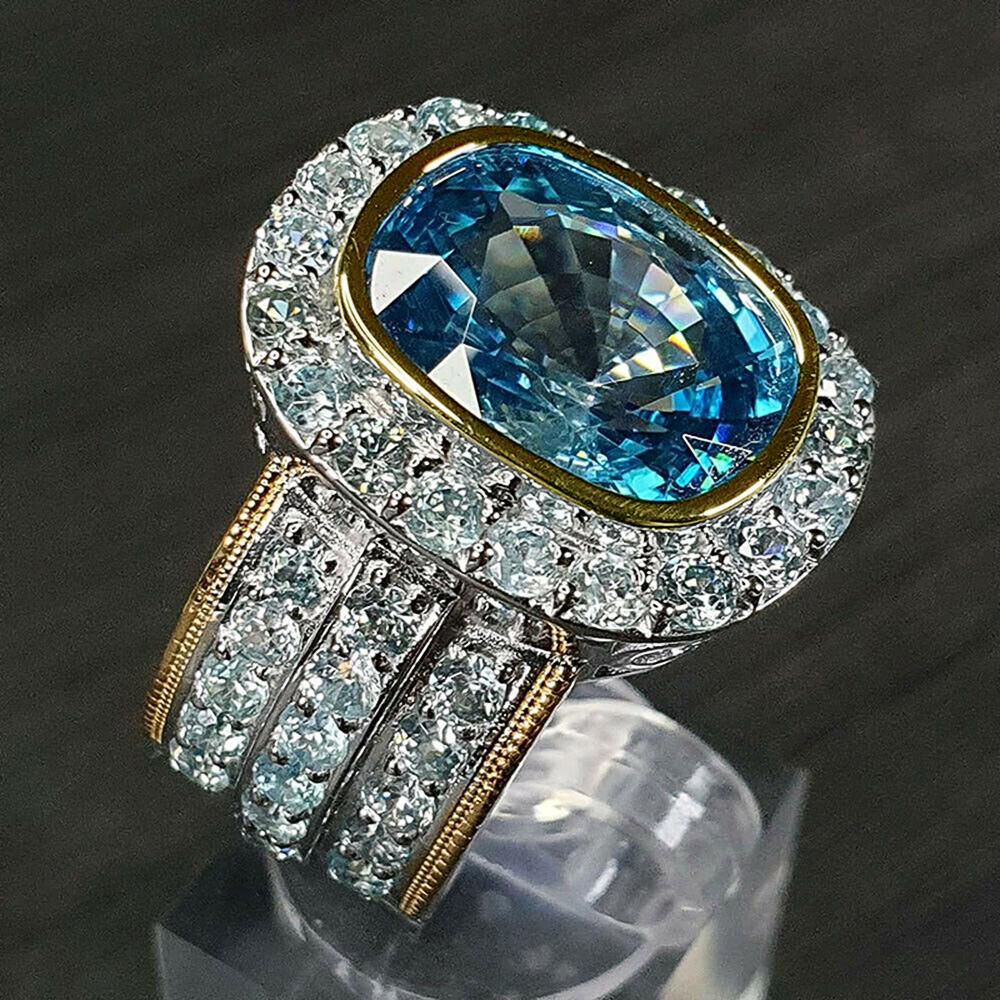 Huitan Gorgeous Women Rings for Party Big Sky Blue Stone Two Tone Design Noble Ring Birthday Gift for Mon Brilliant Jewelry