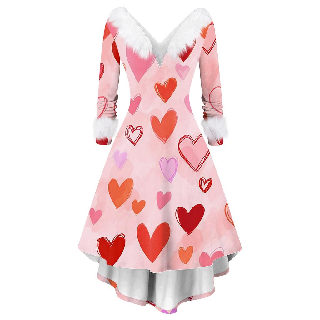 Damen stilvolles und elegantes langärmeliges V-Ausschnitt Kleid mit Valentinstags-Herzprint