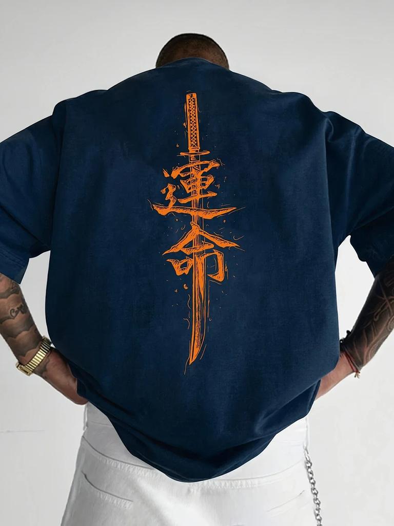 A Mens Short Sleeved Tshirt Made of Pure Cotton with A Japanese Samurai Sword Pattern Printed on It Regular Style Fashionabl