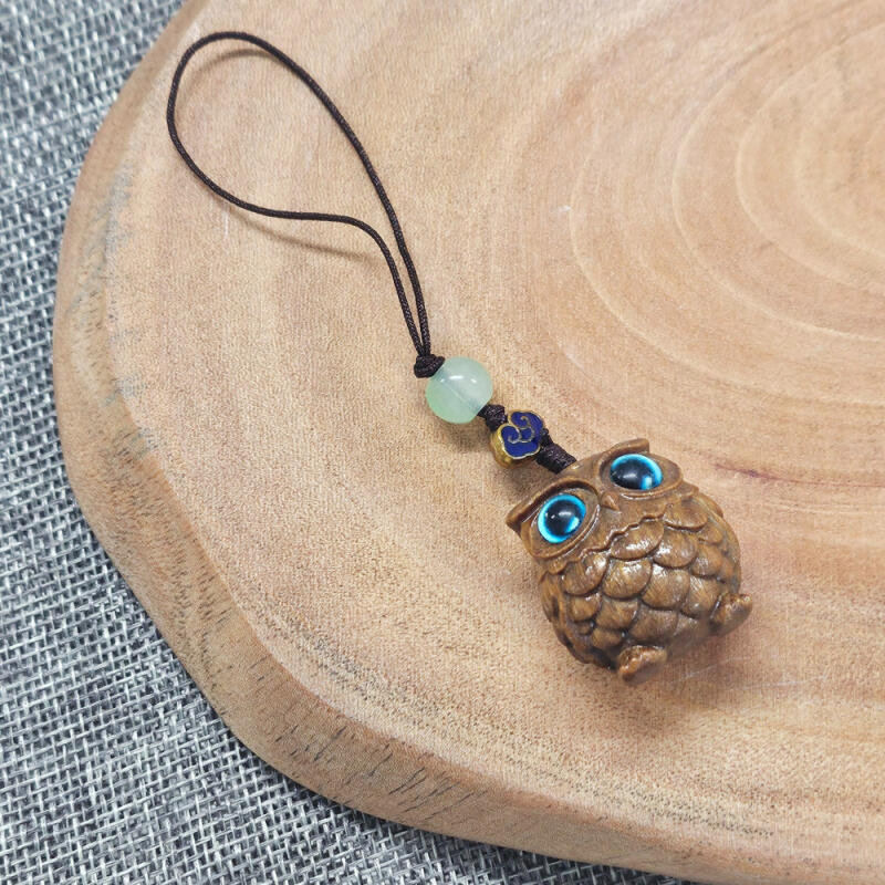 Wood Owl Lucky Wealth Safety Prayer Keychain