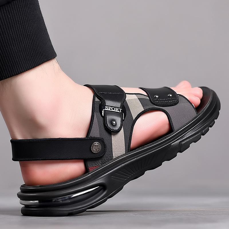 Sandals men's 2025 new trendy leather soft-soled outer wear men's beach shoes thick-soled air cushion dual-purpose wear-resistant cool slippers