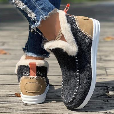 Modische Schneestiefel für Damen mit Plüschfutter, einfarbig, runde Zehenpartie, flache Schlupfstiefel, kurze Stiefel für den Winter, warm, für den Außenbereich