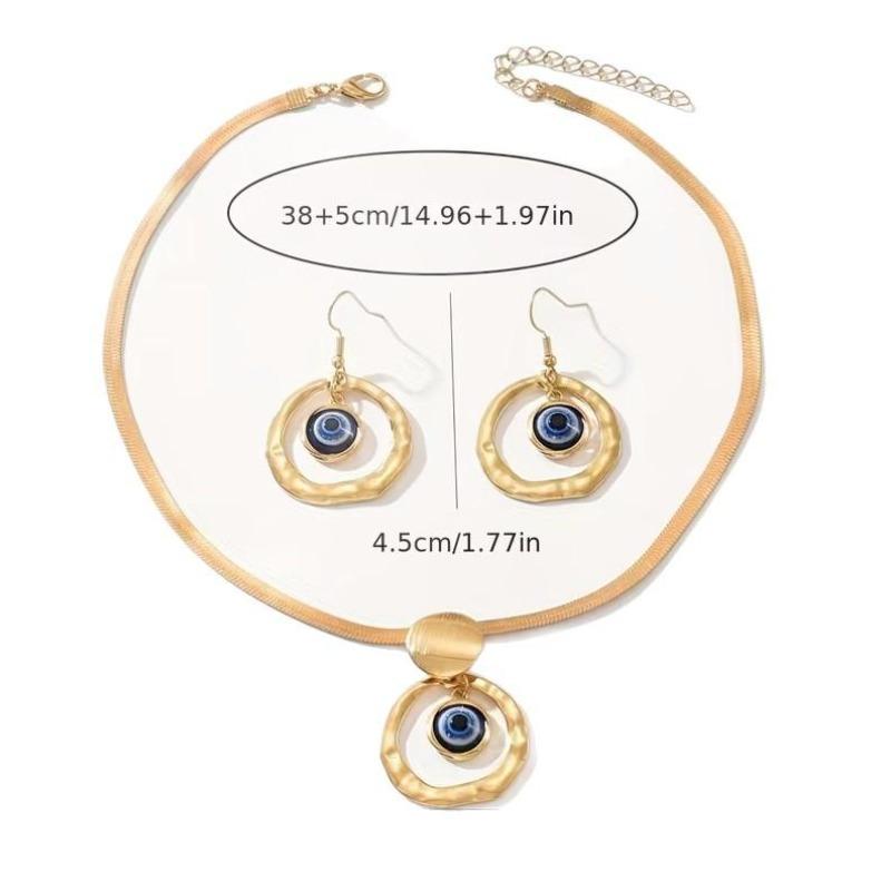 Geometric Hollow Round Turkey Blue Eyes Pendant Necklace Earrings Set Flat Snake Chain Foreign Trade