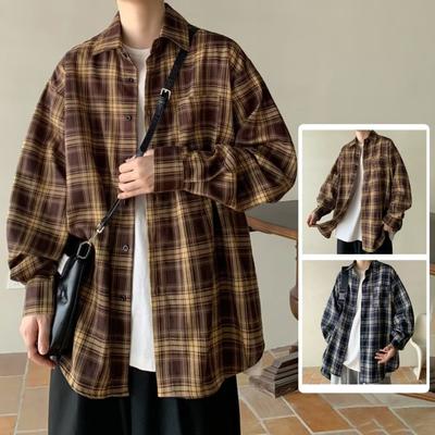 Camisa retro con estampado a cuadros, abrigo con solapa, camisa holgada de manga larga, chaqueta informal con bolsillo de un solo pecho para hombre