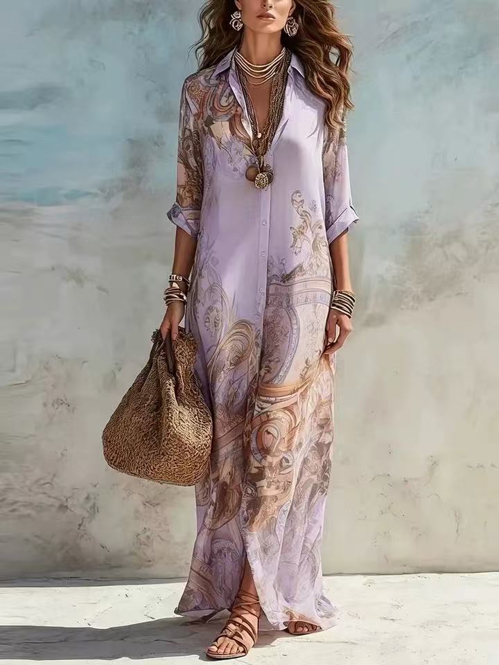 European Style Chiffon Print Vintage Women Clothing Maxi Dress
