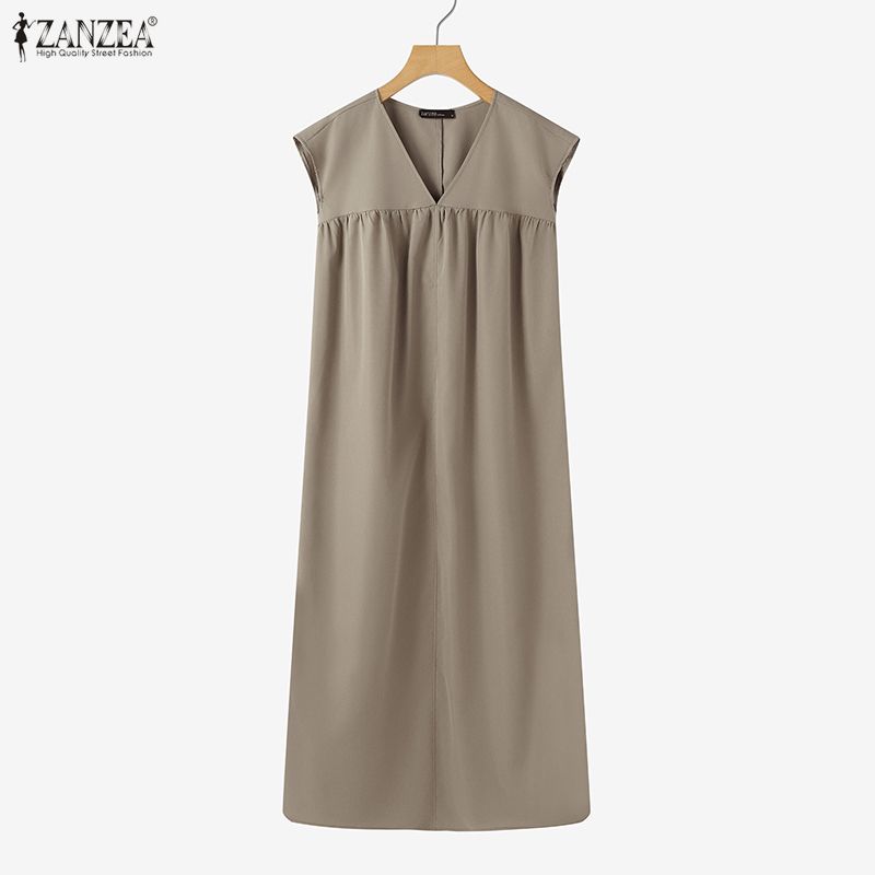 ZANZEA Women Casual V-Neck Summer Short Sleeve Long Dress