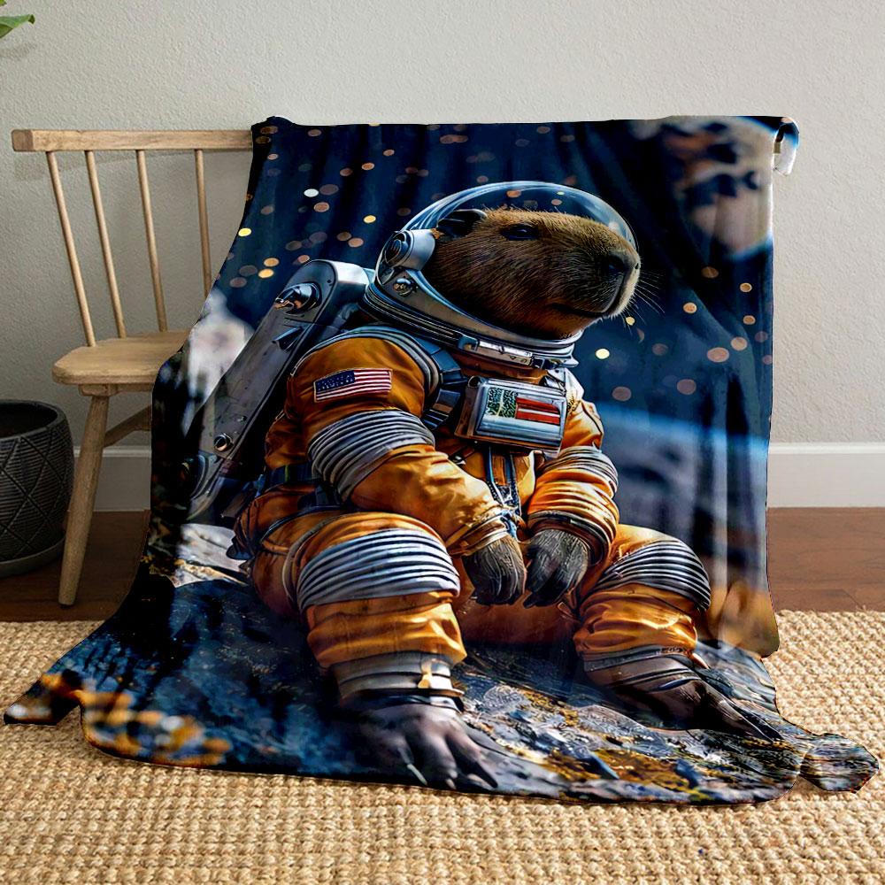 Capybara In a Bright Astronaut Suit with Stars and Planets In the Background. for All Seasons Blanket Lunch Break Throw Gift