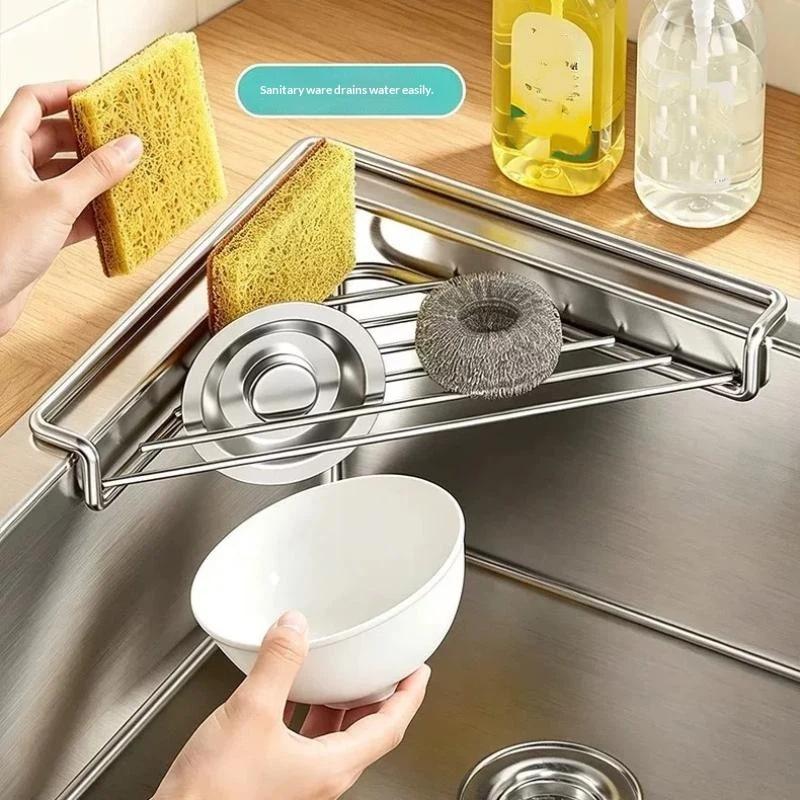 Dreieckiges Spülbecken-Abtropfgestell Edelstahl Spülbecken-Caddy Organizer Abflussbar Große Kapazität Multifunktionaler Küchenspülbecken-Organizer