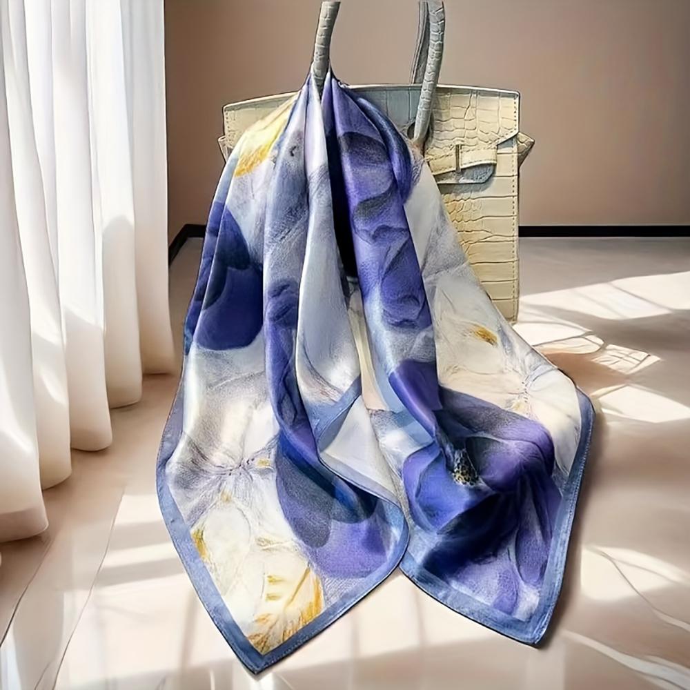 Eșarfă Pătrată de Satin Mov cu Flori de Lux pentru Femei Moale Ușoară Versatilă Accesoriu de Modă pentru Păr Gât Șal