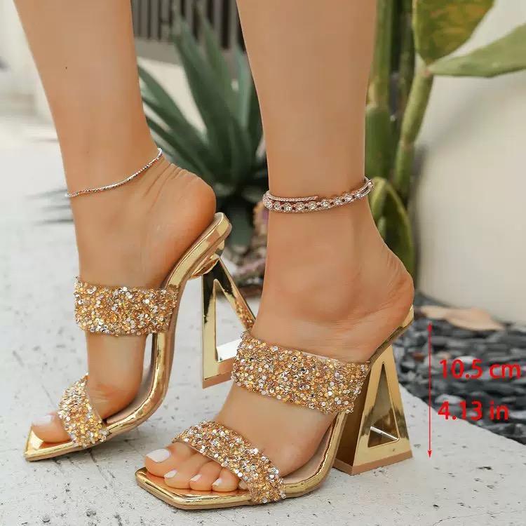 Superhöga Klackar Guldiga Sandaler för Kvinnor Nattklubb Utskurna Metallklackade Skor Kvinna Sommar Större Storlek Tofflor Sandalias Mujer