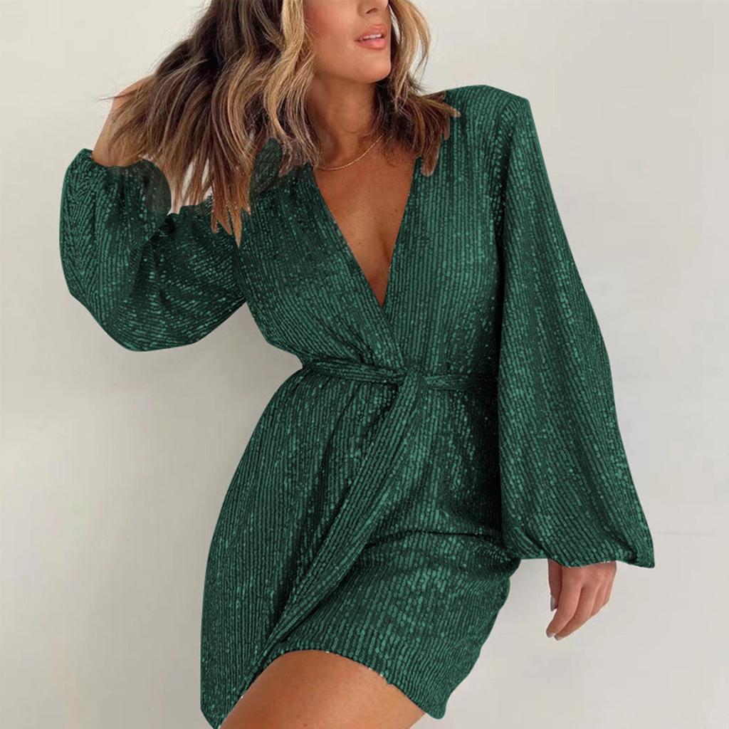 Women's Fashion Sequin Jumpsuit V-neck Long Sleeve Shiny Short Romper