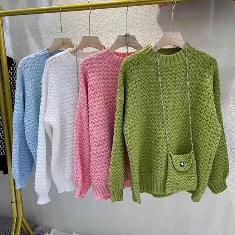 Autumn and Winter Pullover Solid Color Sweater Women Loose Pullover Corrugated Bottoming Knitted Sweaters Top