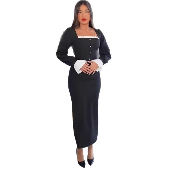 

Elegant Waist-Cinching Long Dress for Women - 2025 Autumn Collection L чёрный