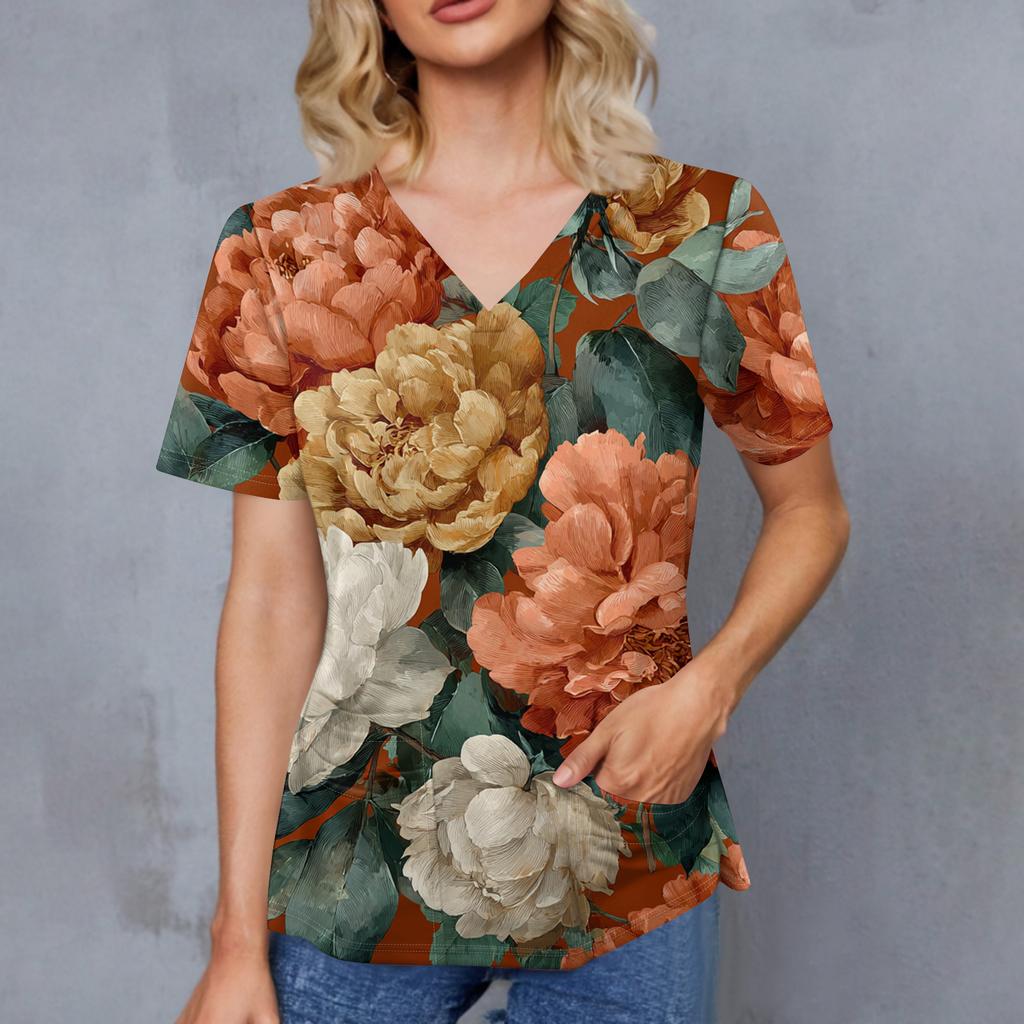 Women's Retro Printed V-Neck Double Pocket Short Sleeves Hem Slit  Uniform Caregiver Top