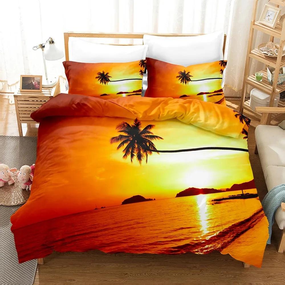 Goldon Sunset Tropical Beach Holiday Comfortable Duvet Cover Pillowcase Bedding Set Children Bedroom Decoration Home Textile