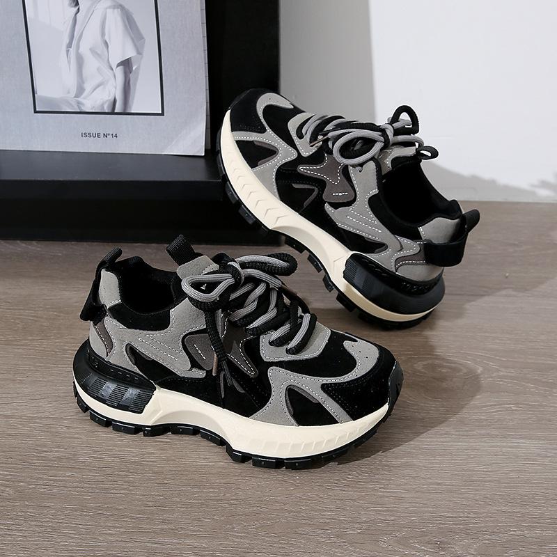 2026 new genuine leather Forrest Gump shoes color blocked high shoes versatile sports dad thick soled women's shoes