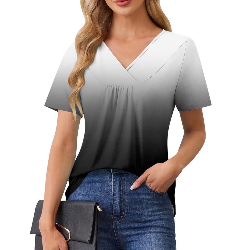 Womens Summer Tops Casual Ruffle Short Sleeve Crewneck Loose Pleated T Shirts