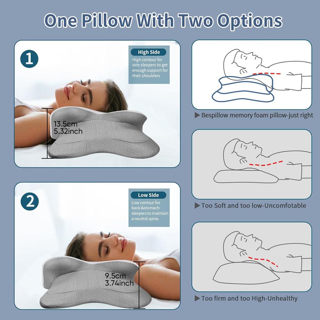 Cervical Neck Pillow for Pain Relief Ergonomic Side Sleeper Pillow for Neck Support Memory Foam Pillows for Back Stomach Sleeper