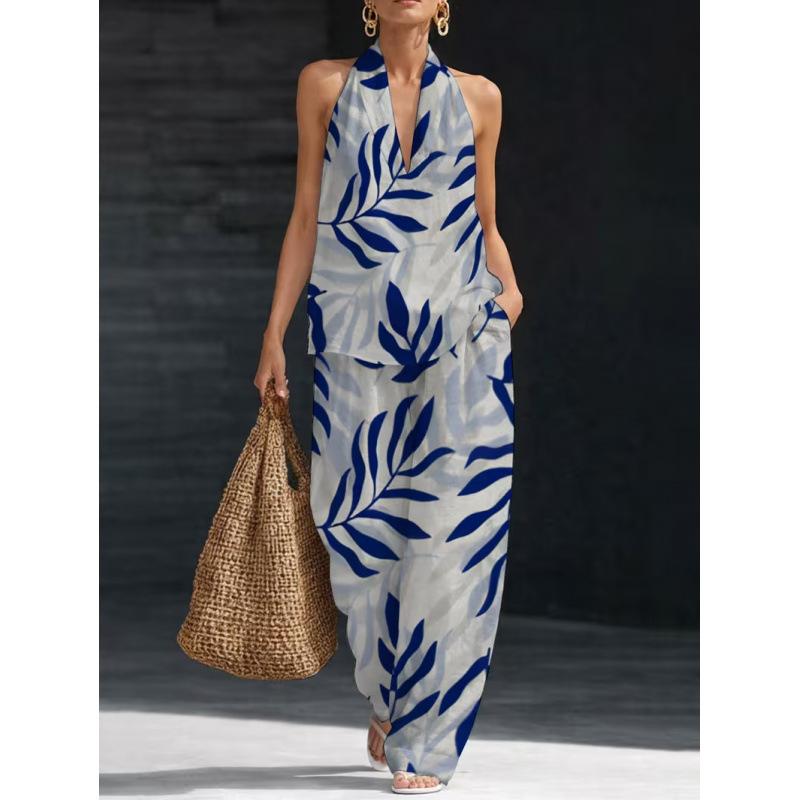 1116 Summer Cool Neck Suit Women's Temperament V-Neck Off-Shoulder Top + High Waist Wide Leg Pants Two-piece Set