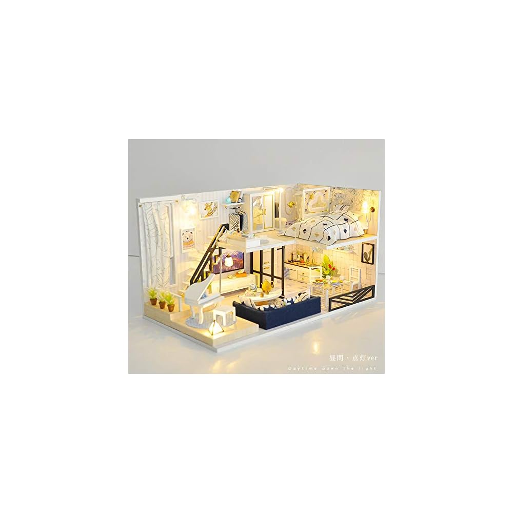 Moin Moin Dollhouse Miniature Handmade Kit Modern Two-Story Model Room with LED Light and Acrylic Case