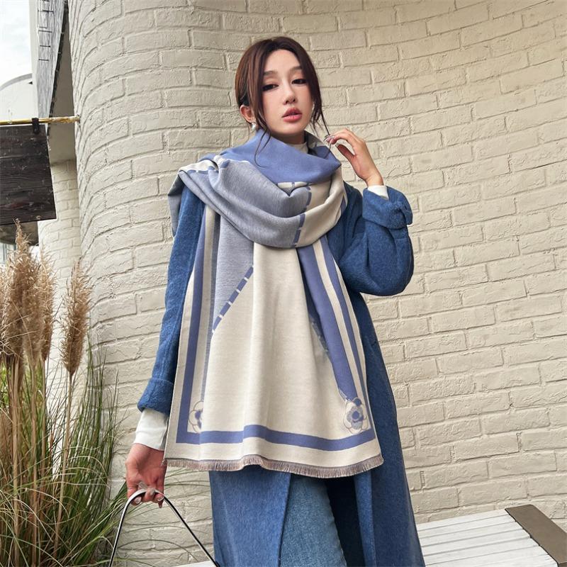 Imitation cashmere camellia color matching scarf women's winter high-end feeling new high-end feeling warm shawl women's dual-use
