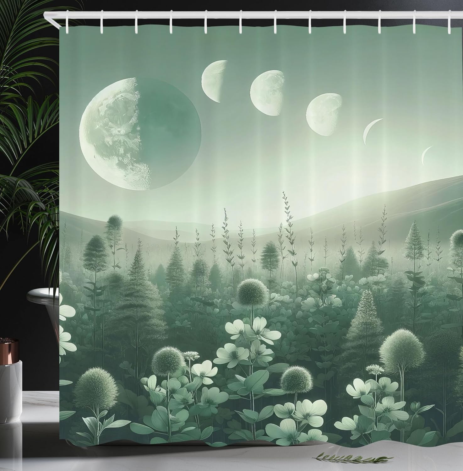 

Moon Phase Forest Shower Curtain Green Nature Landscape Art Bathroom Decor Mystical Garden Scene Bath Curtain Zen Aesthetic Home W60H190(CM)-1 Pcs