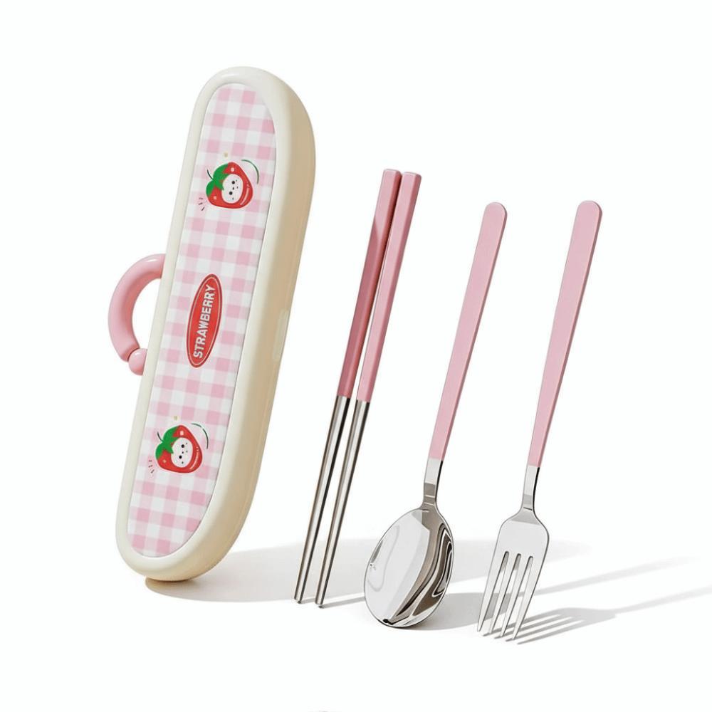 Stainless Steel Chopsticks Three-piece Set Cartoon Pattern Fork Dining Utensils Kit  Office Use