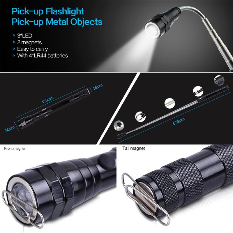 Portable LED Flashlight Outdoor Tools Emergency Light Flexible Head 3 LED Flashlights Telescopic Torch with Magnet