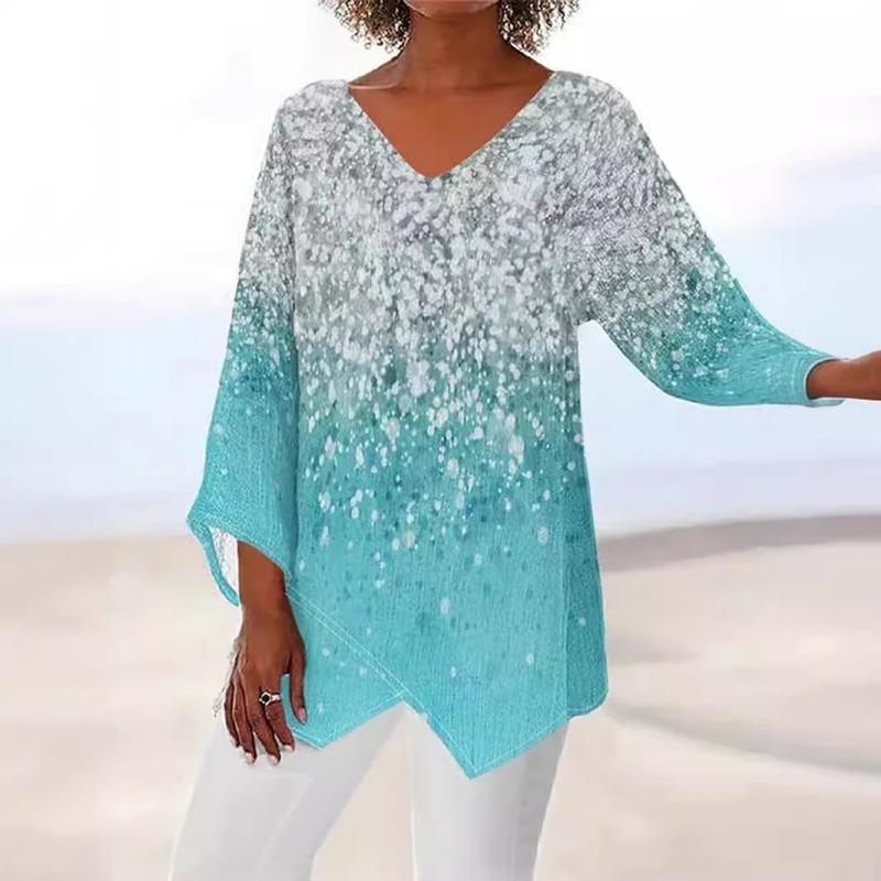 Spring Summer V-neck Printing Fashion Women Blouse New Casual Loose Irregular Top T-shirt Large Size Simple Elegant Office Shirt Women's Clothing