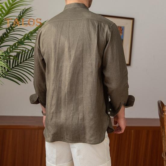 Spring Fall Men Shirt Stand Collar Single-breasted Long Sleeves Buttons Solid Color Cardigan Formal Business Style Office Top