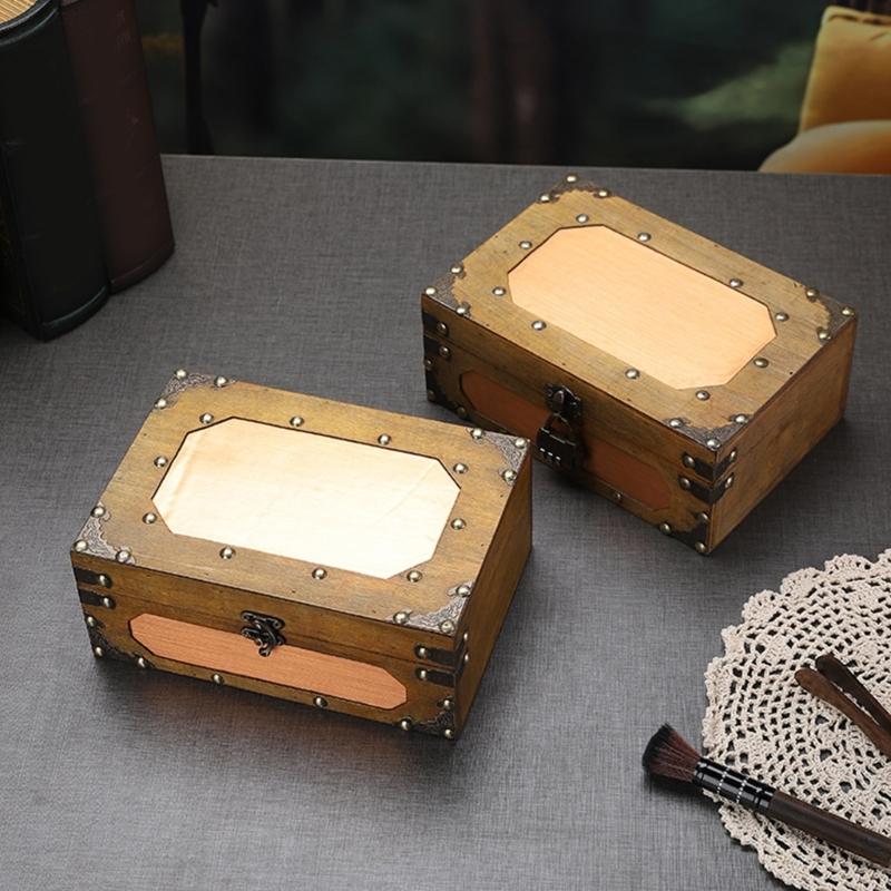 Vintage Wooden Keepsakes Chest with Lock Mechanism Antique Jewelry Storage Box Lockable Small Accessories Container