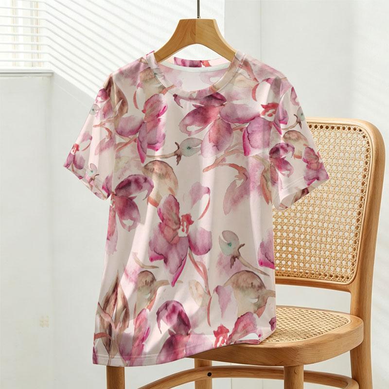 Women's Relaxed Short Sleeve Top Soft Watercolor Floral Print, Basic Casual Summer Tee for Daily Outings, Vacation & Shopping
