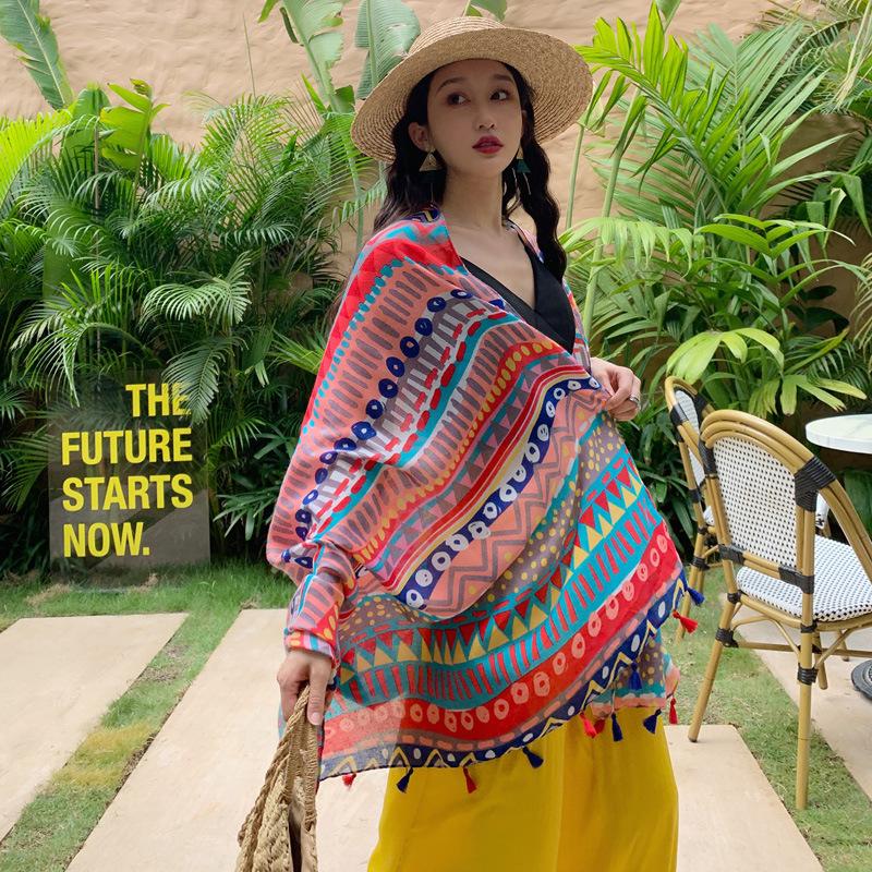 Ethnic Shawl Scarf Seaside Sunscreen Beach Silk Scarf Red Big Yarn Women'S Desert Travel Ladies Po Accessories Ladies