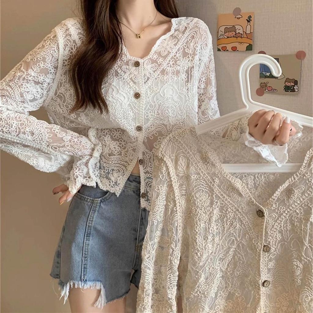 Lace Shirt UV Air Conditioning Sheer Floral Long Openwork Perfect for and Outings [fourfivesix Haru] Women's Blouse, Protection, Protection, Top,