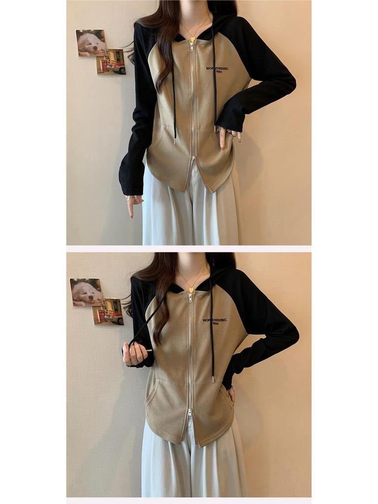 Women's Slim-Fit Raglan Double Zipper Hoodie, Spliced Design with Baby Fleece, Fleece-Lined for Autumn and Winter, Salt-Style Top.